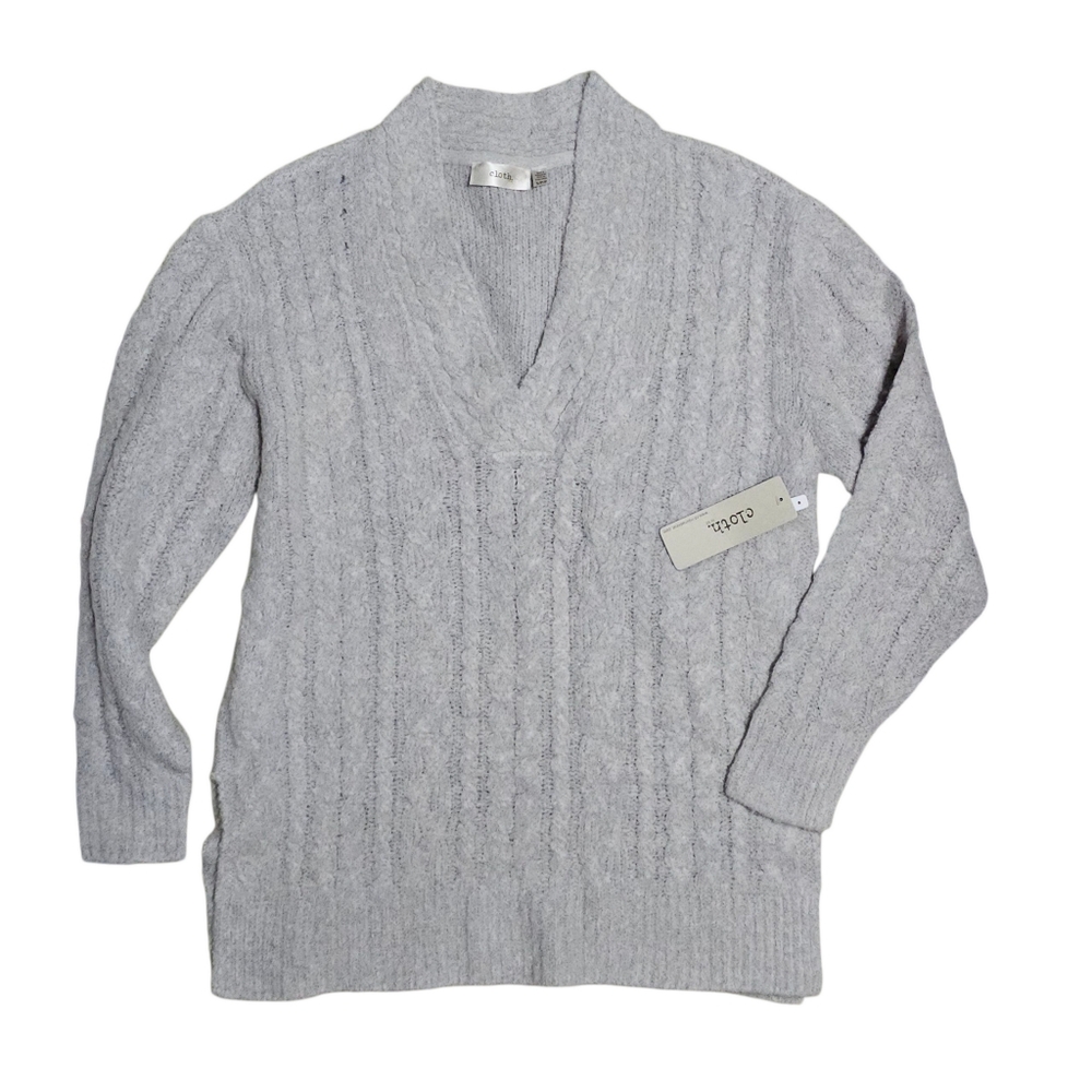 CLOTH by RDI V-Neck Grey Braided Pattern Cable Knit Sweater Womens Small S - Picture 2 of 5